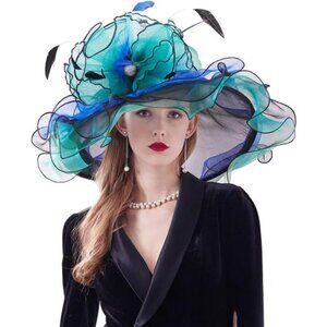 Women's Organza Derby Hat Wide Brim Sun Hats Dual-use, Blue and Green